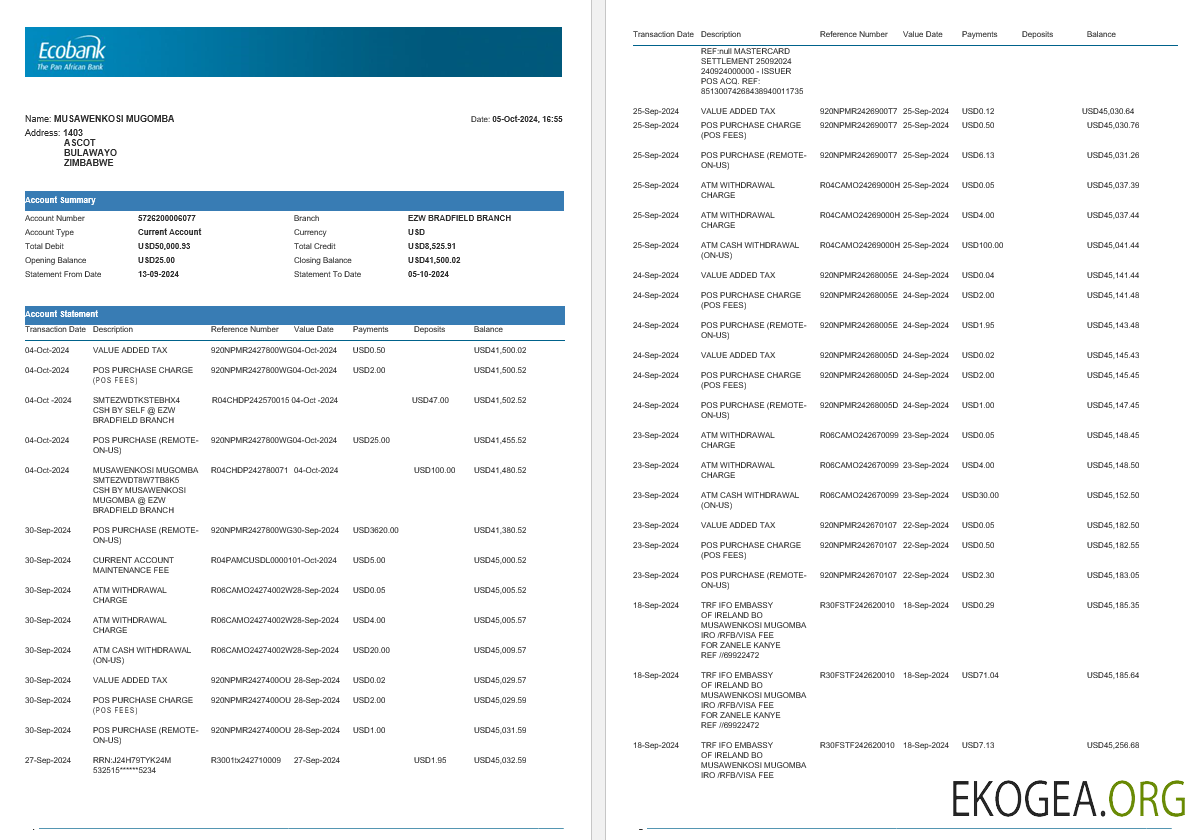 Relevé bancaire Ecobank du Zimbabwe, 4 pages 1